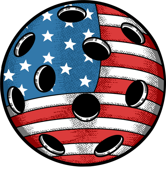 American flag-themed pickleball, symbolizing a festive 4th of July celebration with sports, BBQ, and fireworks.