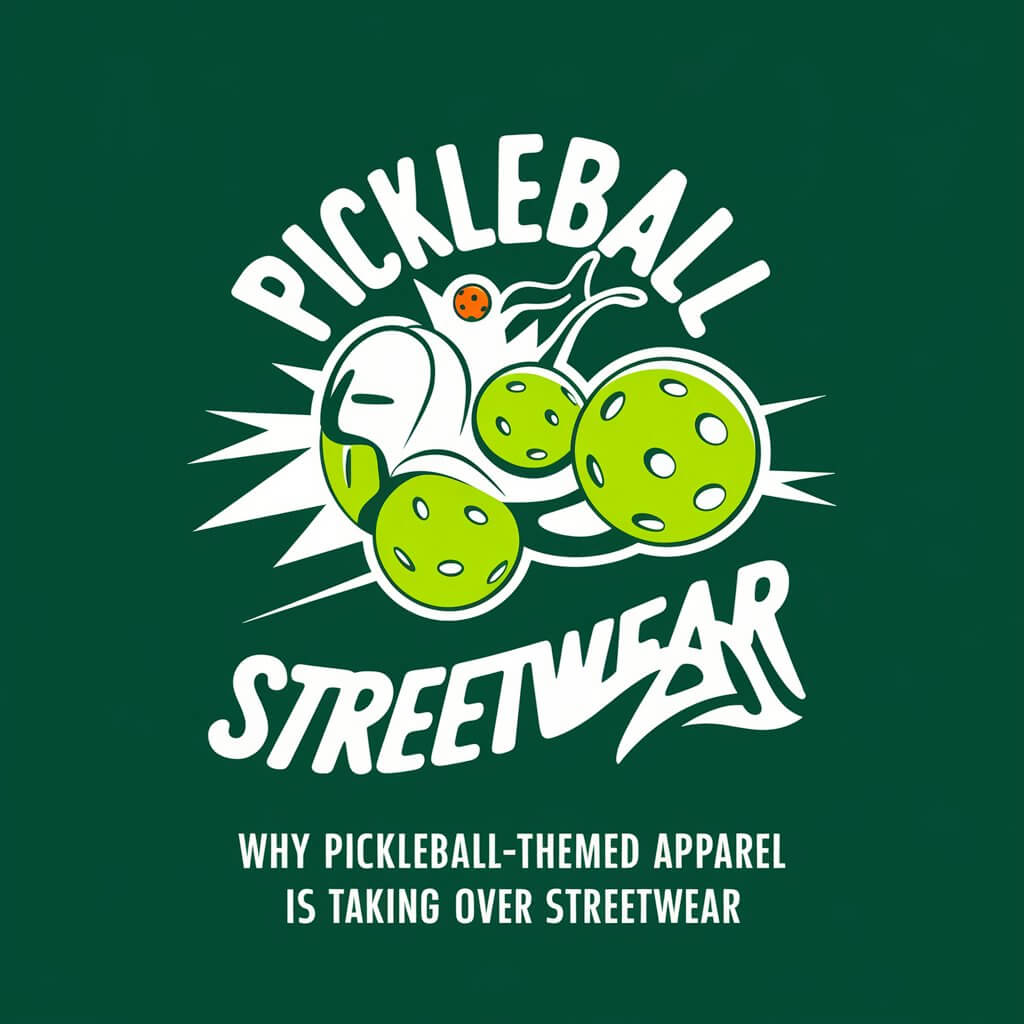 Graphic featuring pickleball elements with text "Why Pickleball-Themed Apparel is Taking Over Streetwear" on a green background.