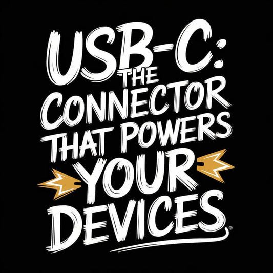 USB-C text graphic highlighting its role as a powerful connector for devices on a black background.