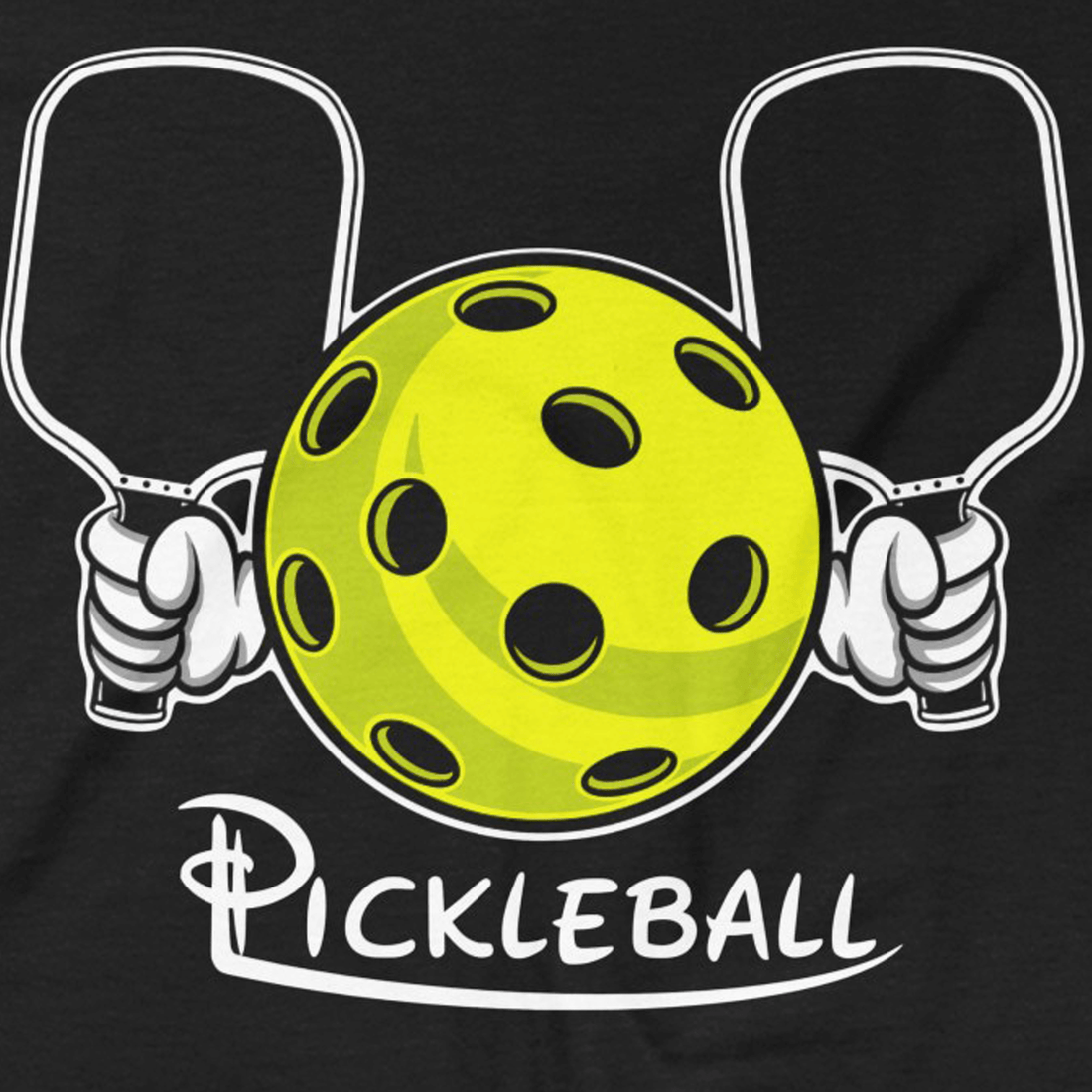 Vibrant pickleball graphic with paddles, showcasing bold design of HarmonyGrip FO Pickleball Series T-Shirt.