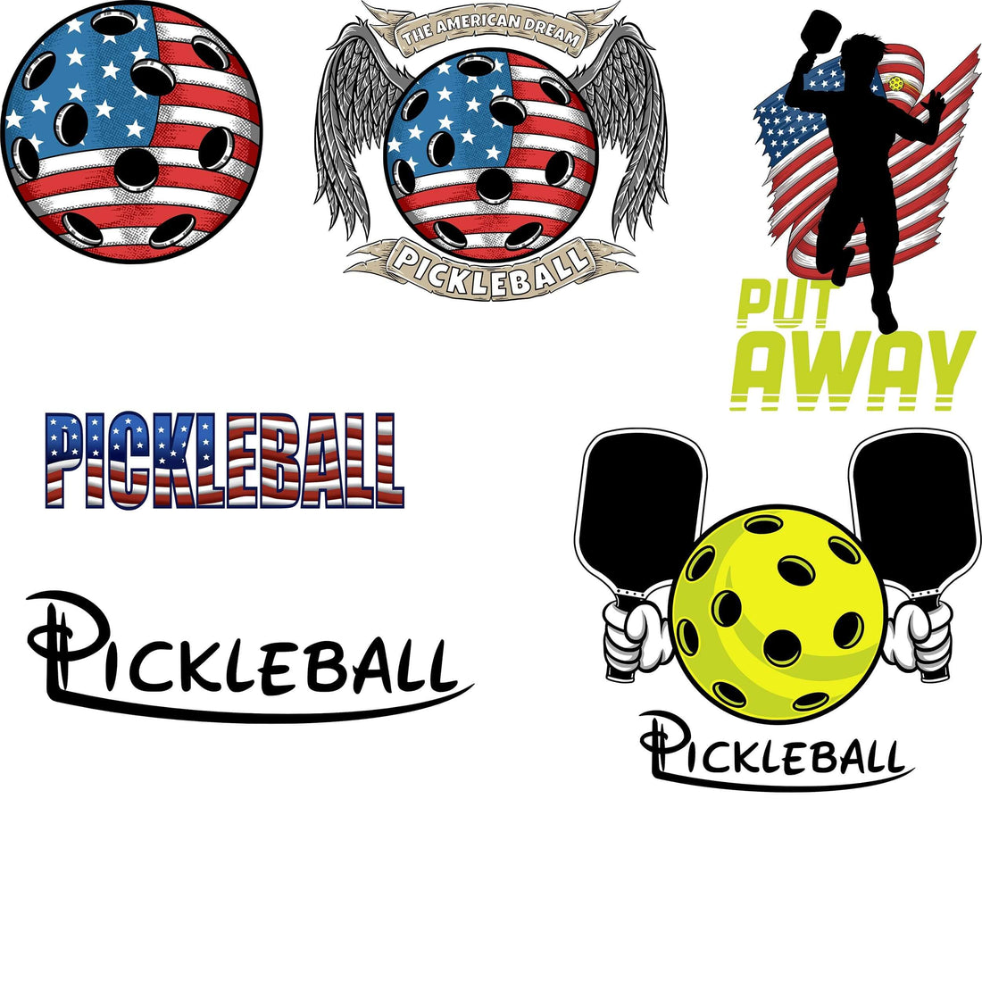 American-themed pickleball sticker set with patriotic designs, featuring pickleball motifs and vibrant graphics.