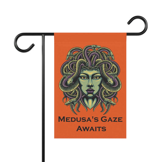 Halloween garden flag with Medusa illustration and "Medusa's Gaze Awaits" text on an orange background.