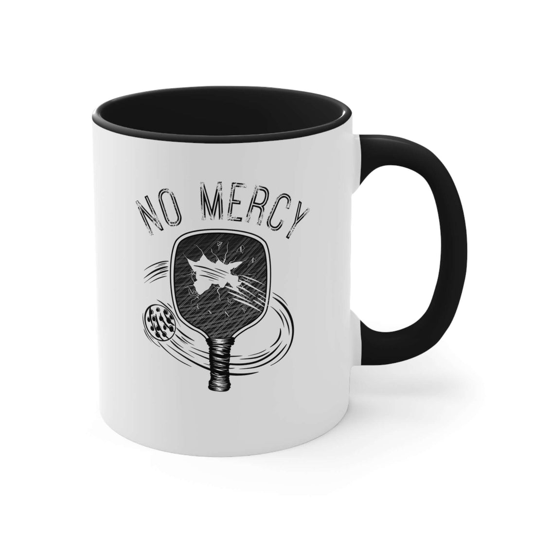 "No Mercy Pickleball Series Accent Coffee Mug, 11oz, with paddle and ball design, perfect for energizing your pre-match mornings."