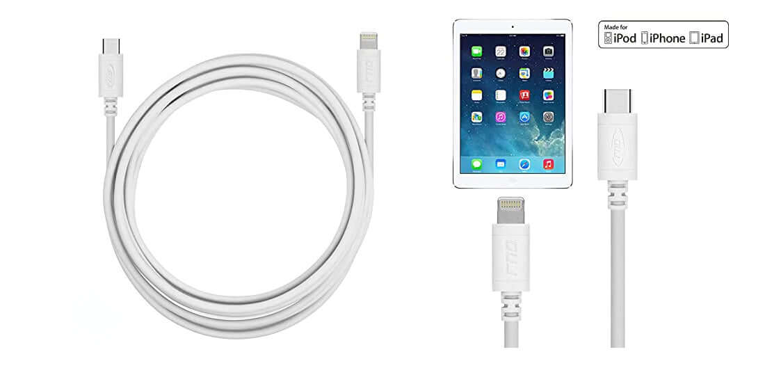 Long USB cable for charging iPhone, iPad, and Android devices shown with a tablet screen.