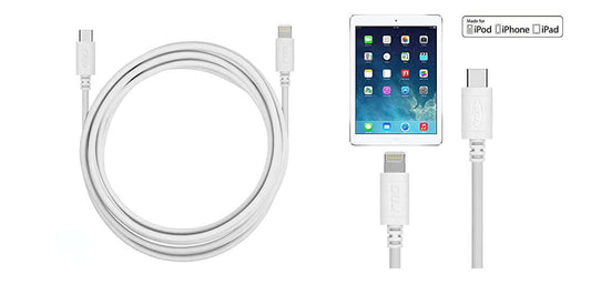 Long USB cable for charging iPhone, iPad, and Android devices shown with a tablet screen.