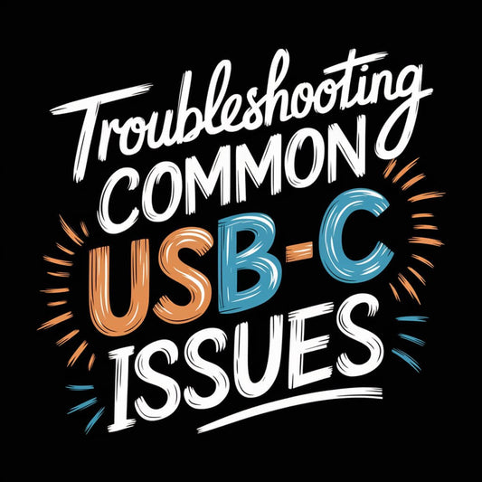 Colorful illustration titled 'Troubleshooting Common USB-C Issues' on a black background.