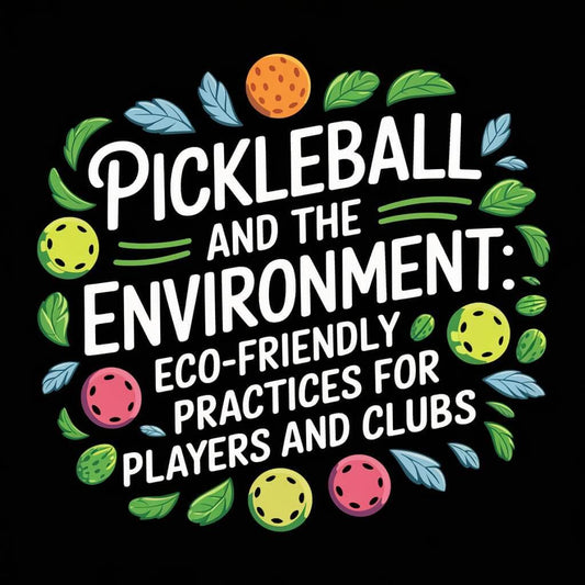 Colorful illustration promoting eco-friendly practices in pickleball for players and clubs.