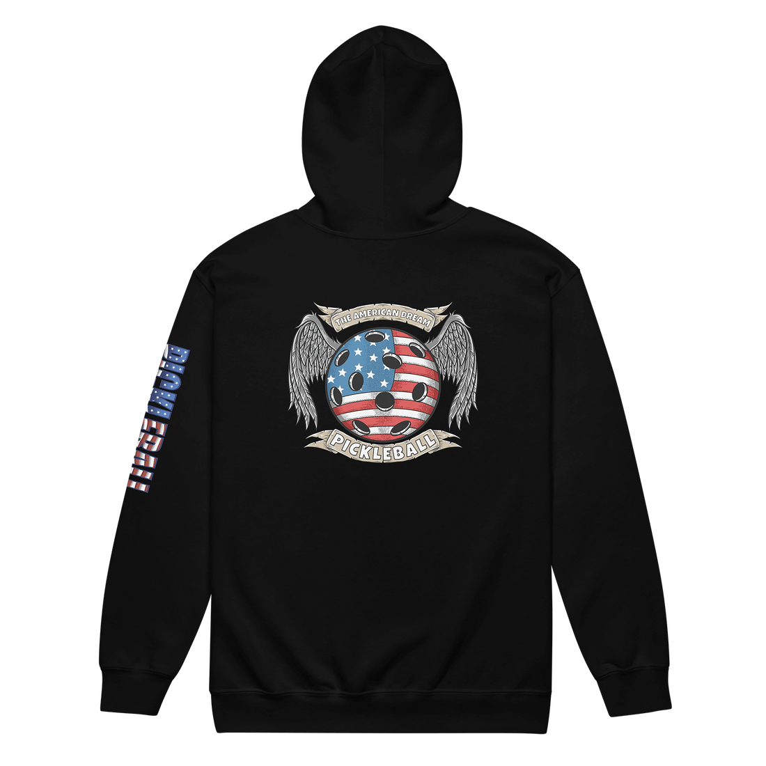 Unisex hoodie with American flag pickleball design on the back, featuring winged emblem and "American Dream" text on sleeve.