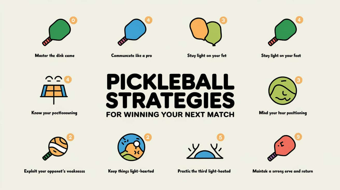 "Illustrated pickleball strategies for winning, featuring tips like mastering the dink game and practicing the third shot."