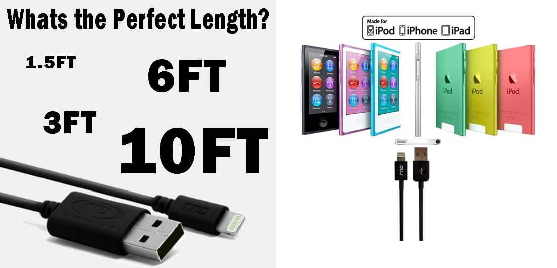 Apple cable length options: 1.5FT, 3FT, 6FT, and 10FT for iPod, iPhone, and iPad charging.