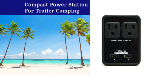 Compact power station for trailer camping with palm trees and beach background.