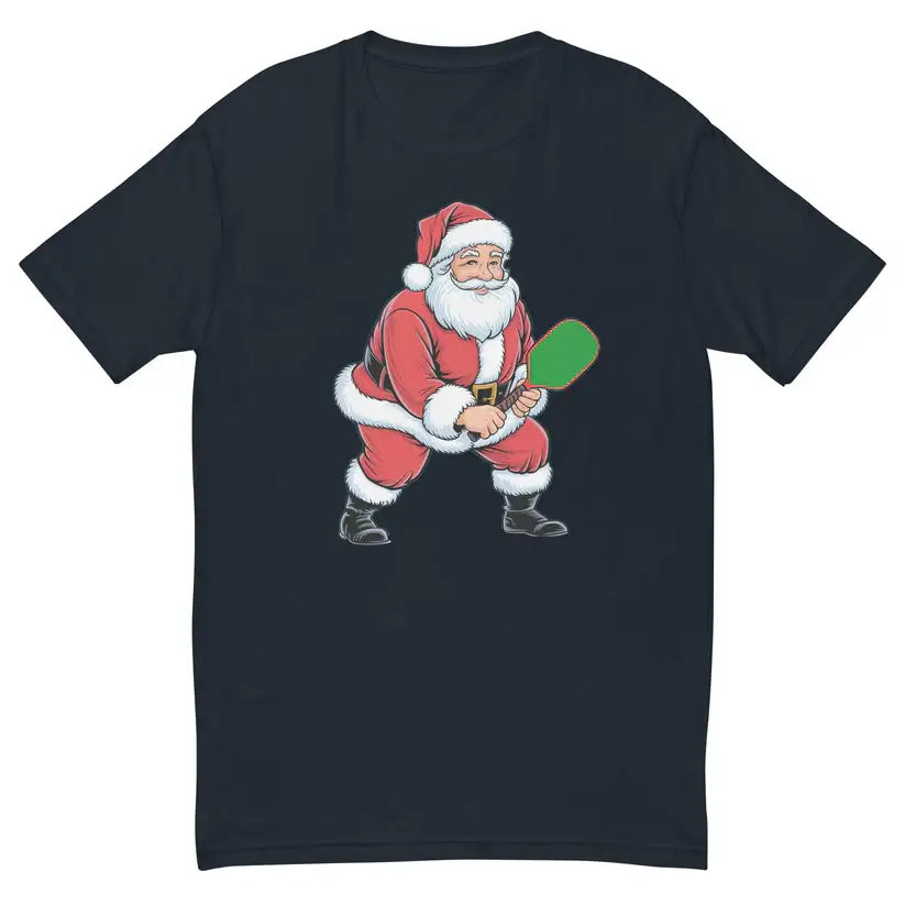 Santa playing pickleball graphic on a festive black T-shirt.