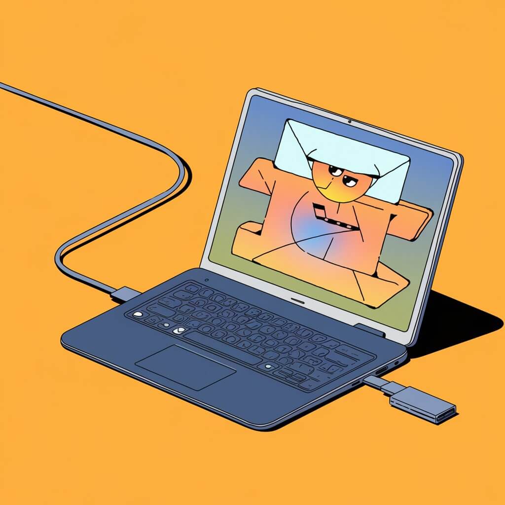 Illustration of a laptop with a character on the screen, connected by a USB-C cable against a vibrant orange background.