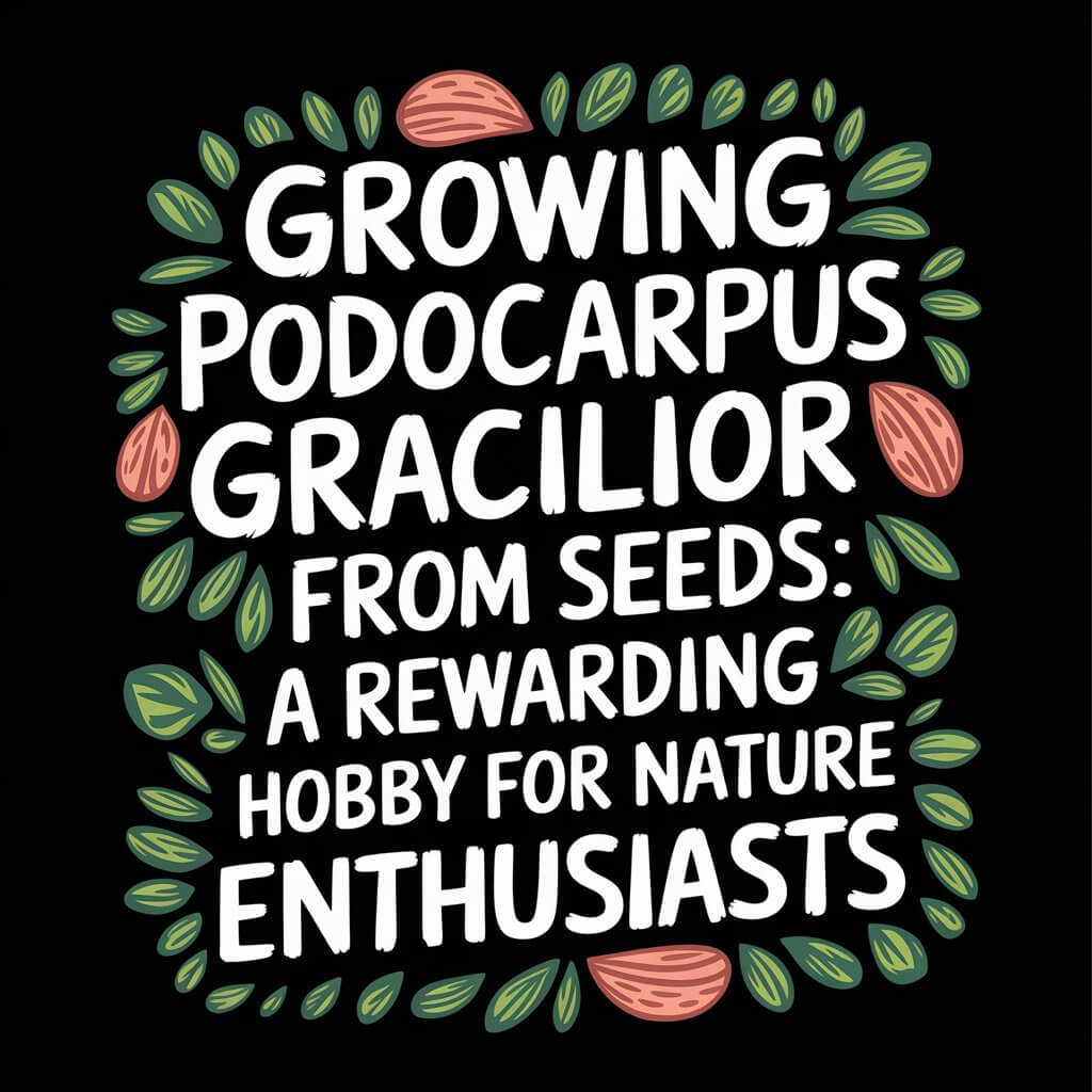 Text illustration promoting growing Podocarpus Gracilior trees from seeds as a rewarding hobby for nature enthusiasts.