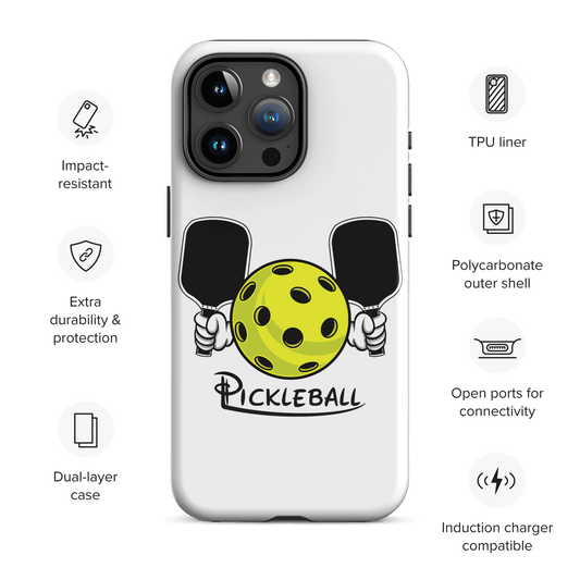 "HarmonyGrip Pickleball Series iPhone case with pickleball design and protection features highlighted"