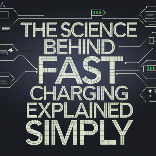 Text illustration of "The Science Behind Fast Charging Explained Simply" with charging icons and data graphics.