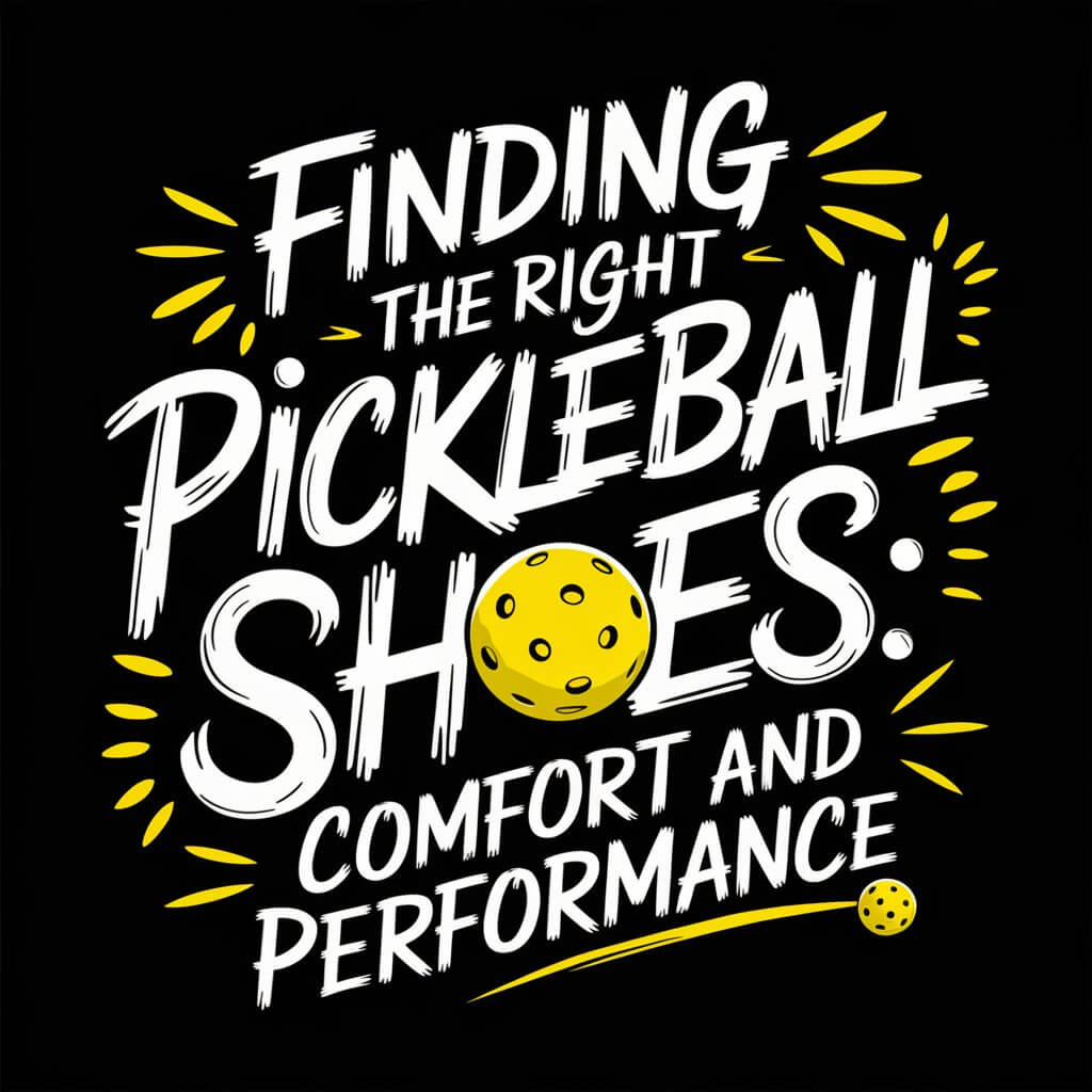 Graphic text emphasizing "Finding the Right Pickleball Shoes: Comfort and Performance" with a pickleball illustration.