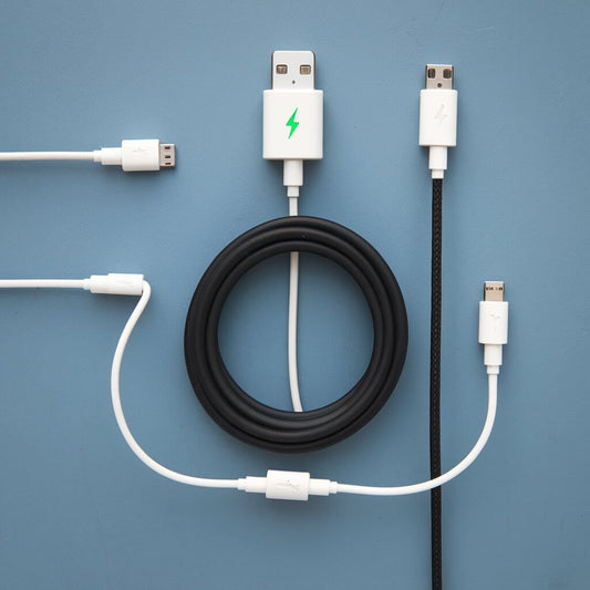 assortment of charging cables including USB and fast-charging options on a blue background.