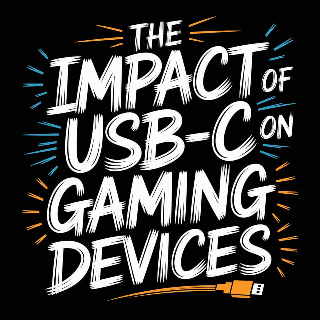 Text graphic highlighting the impact of USB-C on gaming devices with colorful design elements.