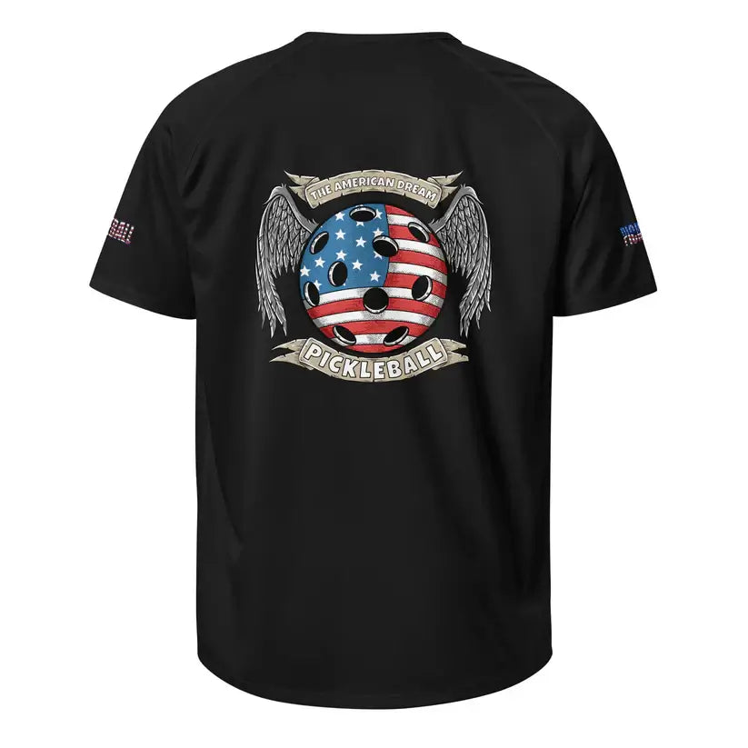 Black pickleball shirt featuring American Dream design with stars, stripes, and wings on the back.