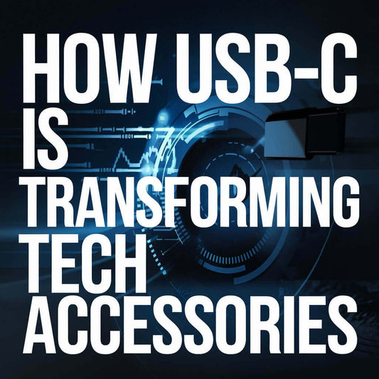 text graphic illustrating "How USB-C Is Transforming Tech Accessories" with a tech-focused background.