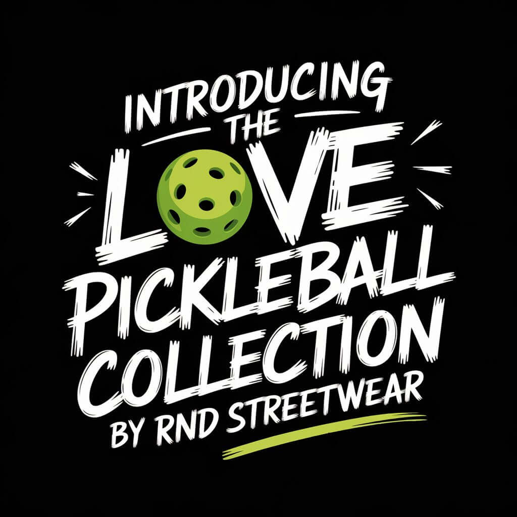 Graphic introducing the Love Pickleball Collection by RND Streetwear, featuring a green pickleball and bold text.