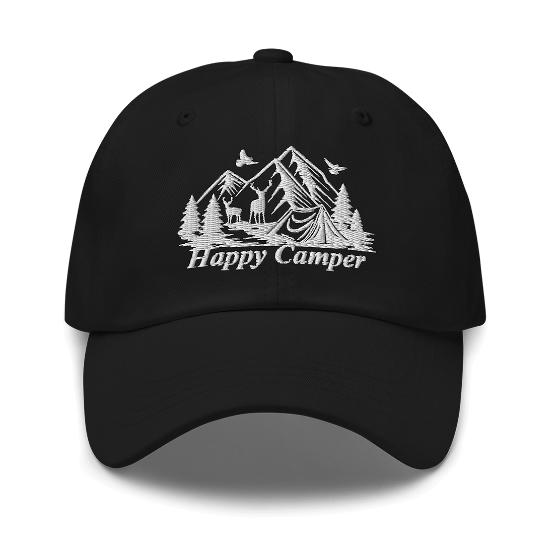 Black Happy Camper Low Profile Cap featuring mountain and forest design, ideal for outdoor enthusiasts seeking tranquility.