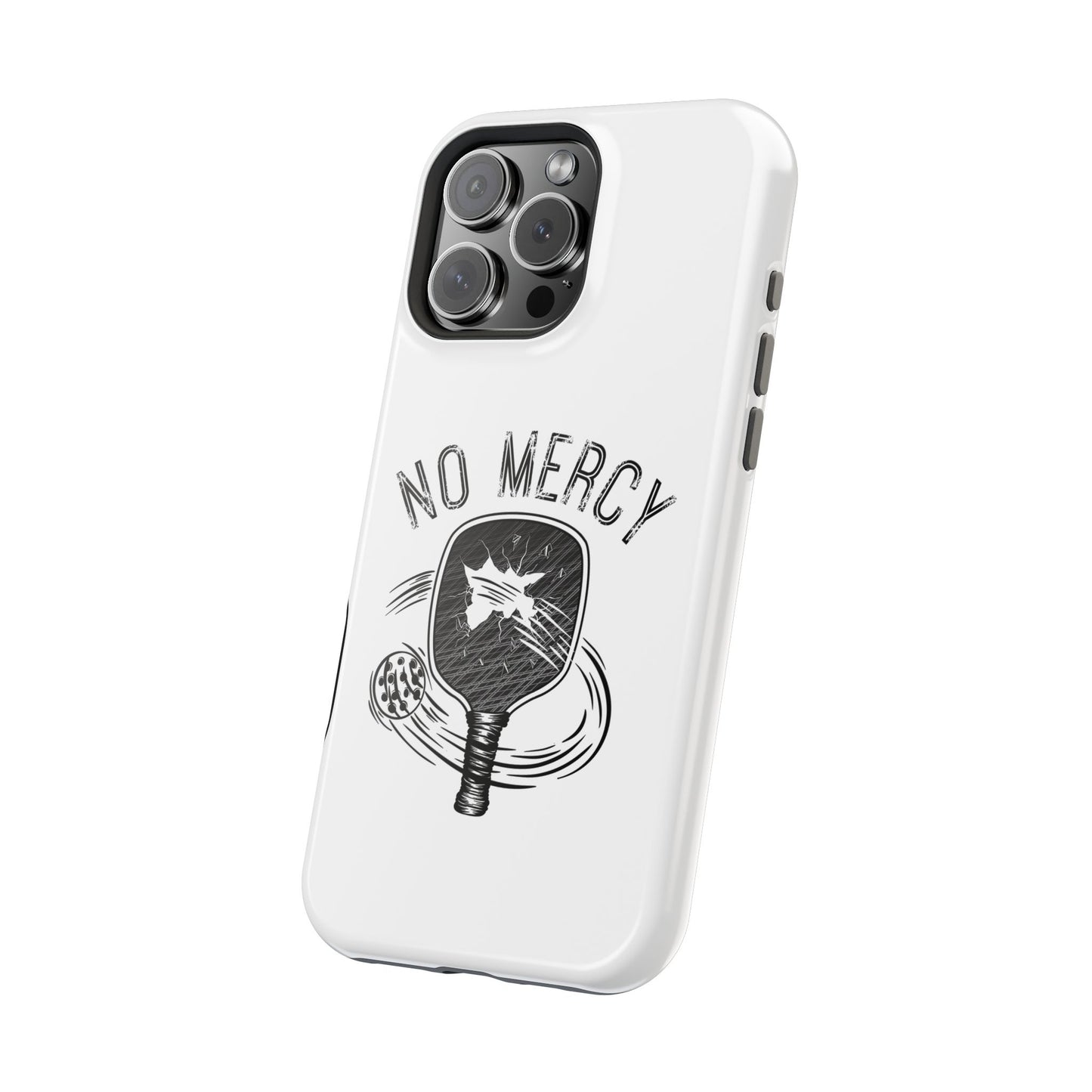 back angle of "No Mercy" Pickleball Series - MagSafe Tough Dual-Layer Phone Case for Apple iPhone 16 (White)