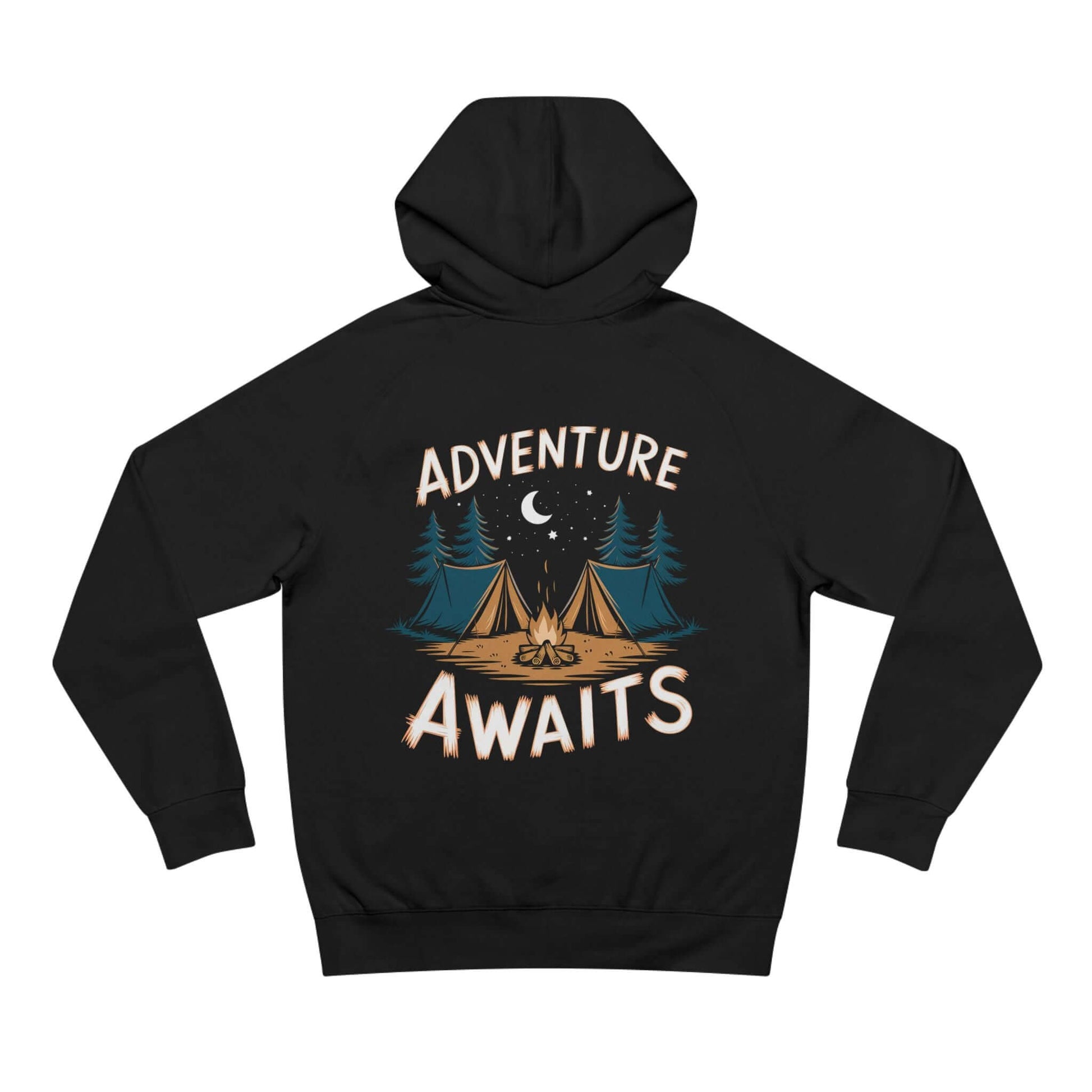 Adult unisex hoodie featuring 'Adventure Awaits' graphic and tent design, perfect for camping enthusiasts.