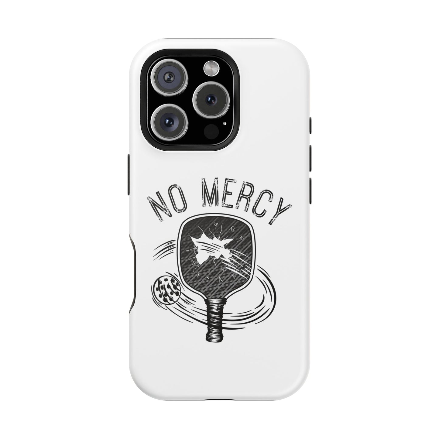 back of "No Mercy" Pickleball Series - MagSafe Tough Dual-Layer Phone Case for Apple iPhone 13 min (White)