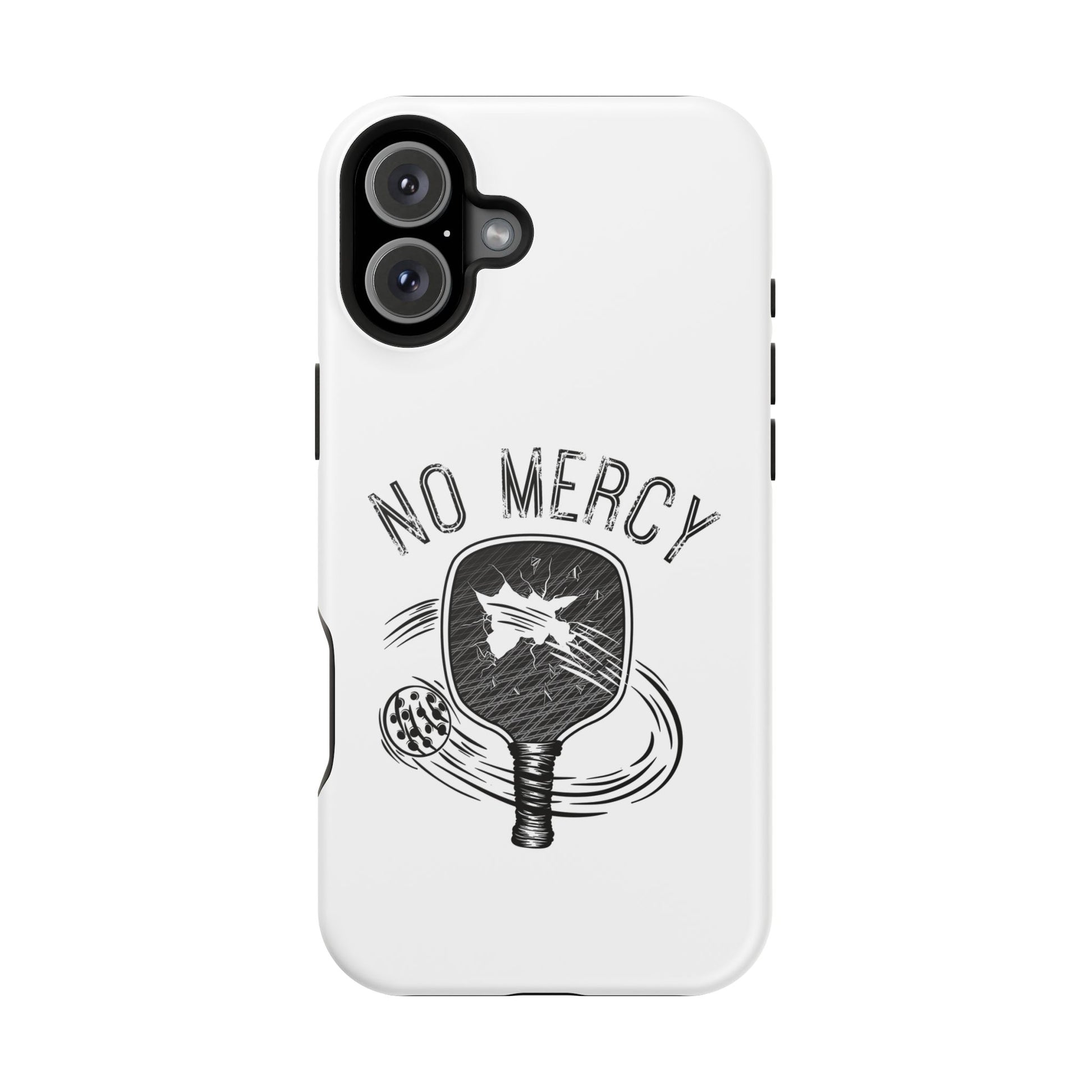 back of "No Mercy" Pickleball Series - MagSafe Tough Dual-Layer Phone Case for Apple iPhone 14 pro max (White)