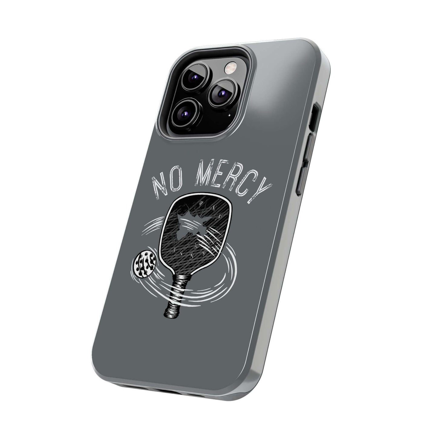 Turquoise glossy dual-layer iPhone case with pickleball design and "No Mercy" text from RND Power Solutions.