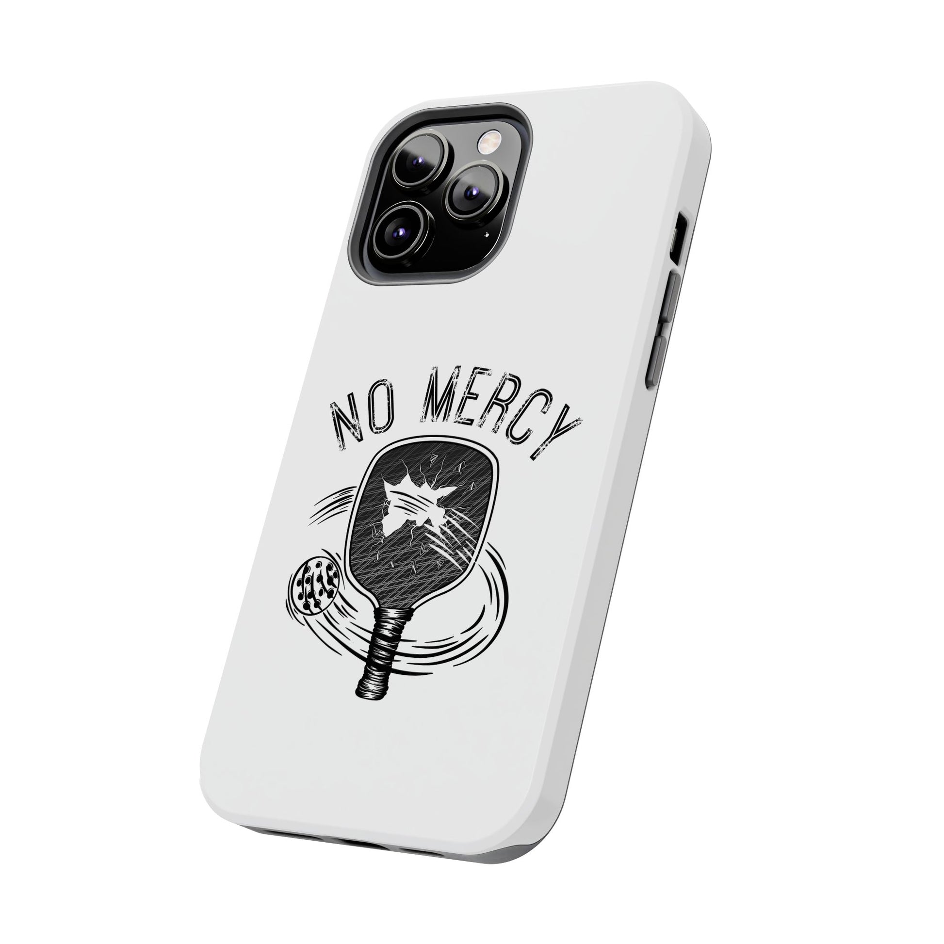 back angle of "No Mercy" Pickleball Series - Tough Dual-Layer Phone Case for Apple iPhone 14 plus (White)