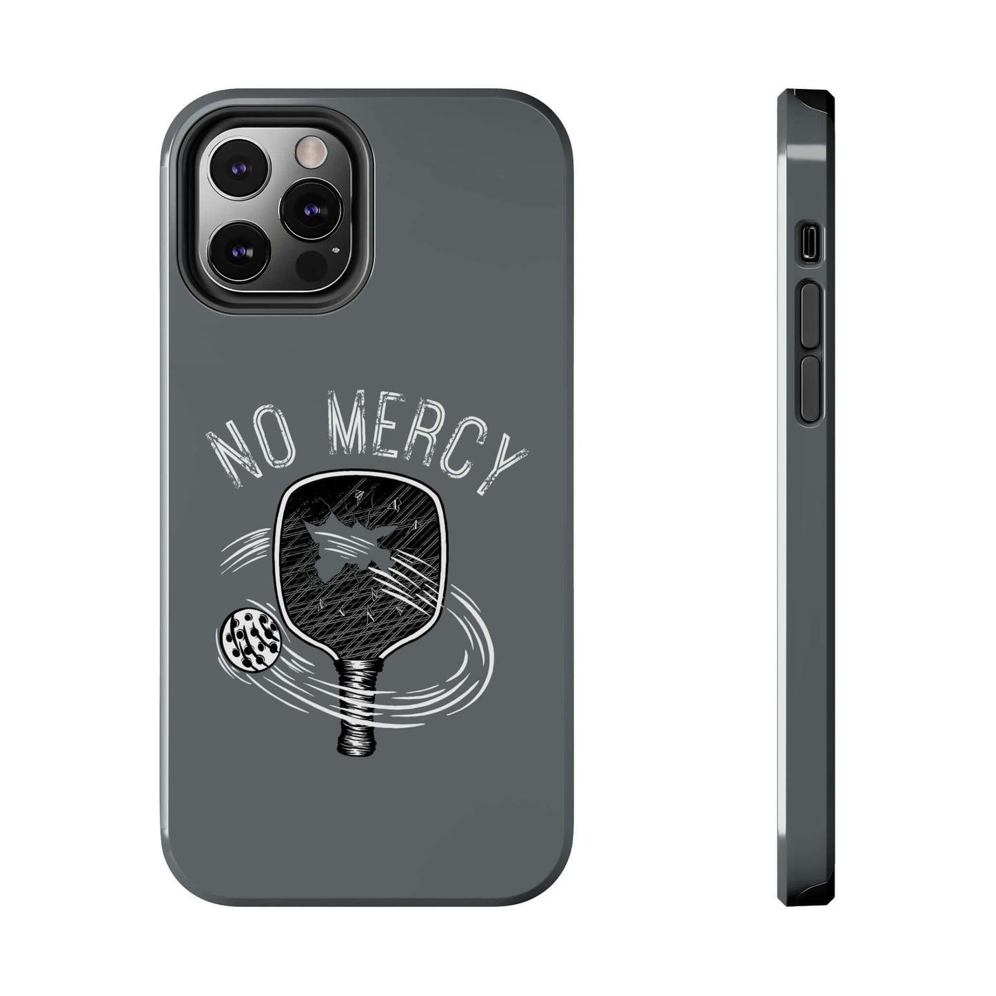 Turquoise glossy iPhone case with "No Mercy" pickleball design, featuring dual-layer protection by RND Power Solutions.