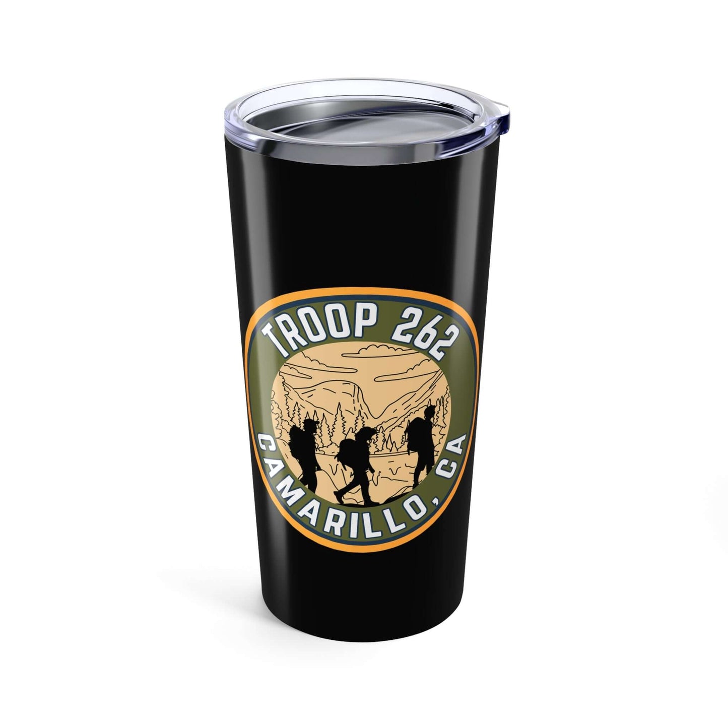 20oz black tumbler with Troop 262 Camarillo, CA design and clear lid, ideal for hot or cold beverages.