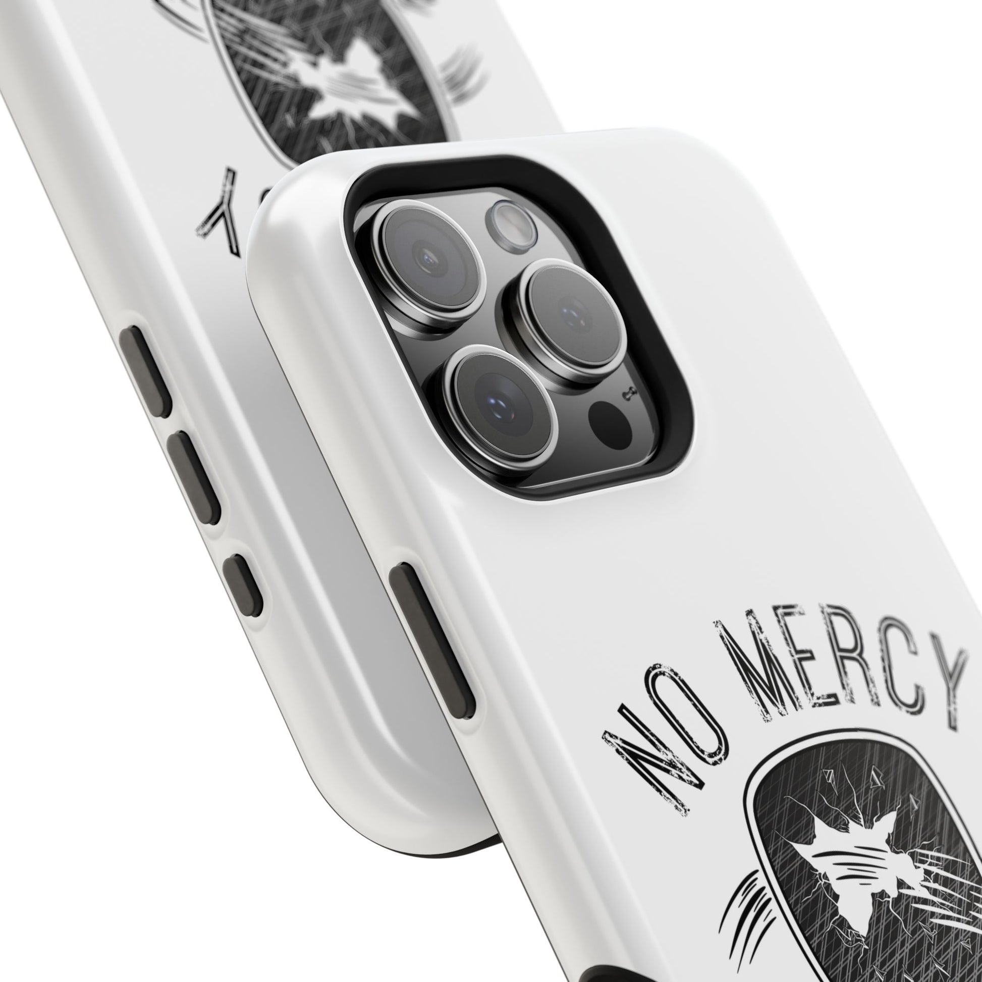 close up of "No Mercy" Pickleball Series - MagSafe Tough Dual-Layer Phone Case for Apple iPhone 16 (White)