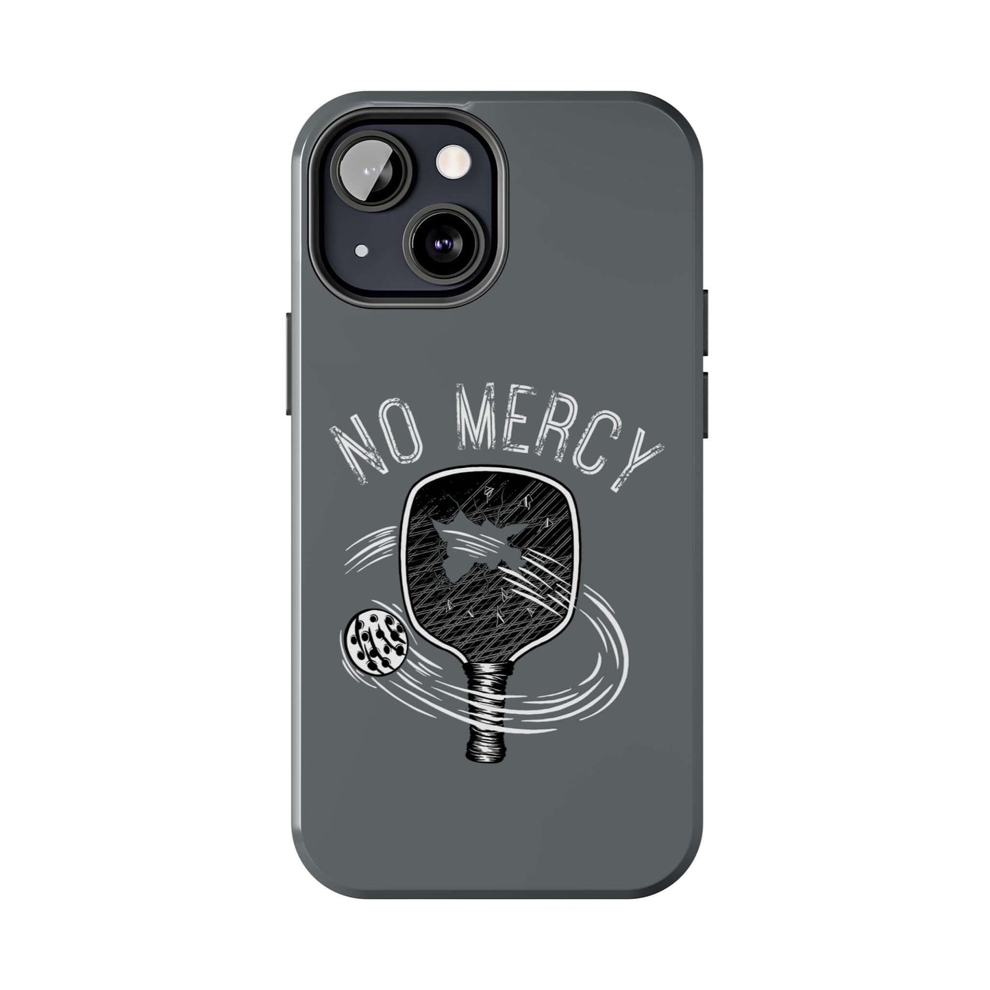 Turquoise glossy No Mercy Pickleball phone case for Apple iPhone, featuring dual-layer protection and stylish paddle graphic.