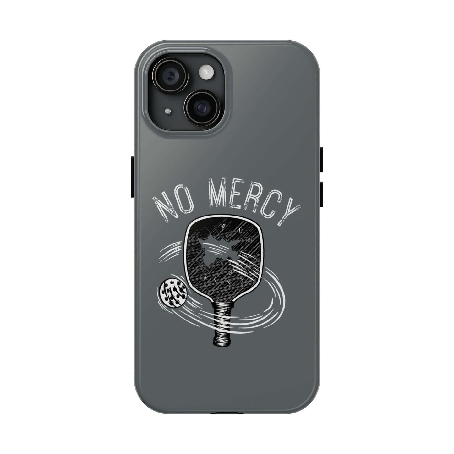 Turquoise glossy iPhone case with "No Mercy" pickleball paddle design, dual-layer protection, RND Power Solutions.