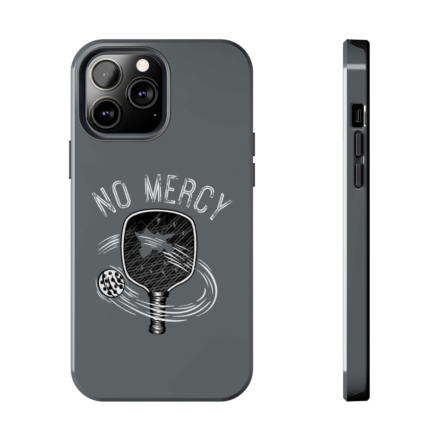 "No Mercy Pickleball Series dual-layer tough iPhone case in turquoise, with paddle design, offering premium durability and protection."