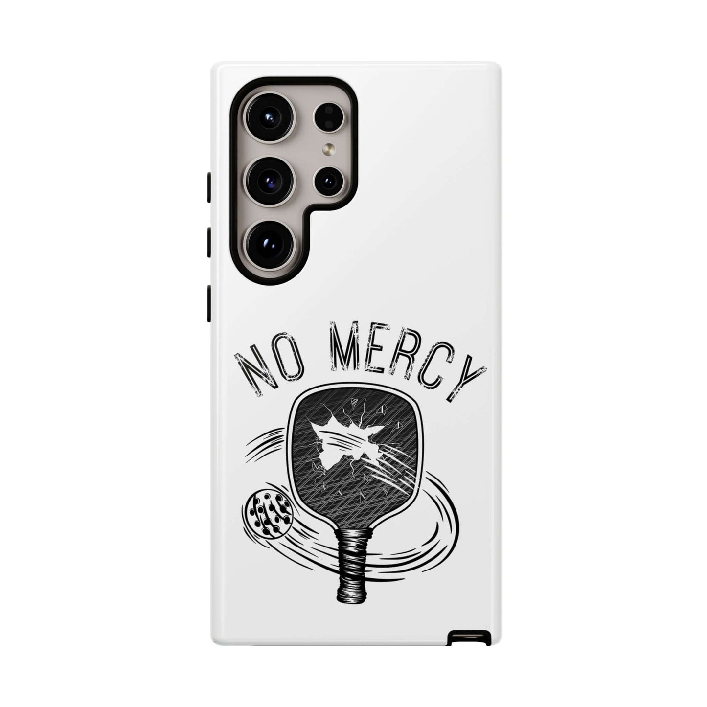 "No Mercy Pickleball Series tough phone case for Samsung Galaxy with dual-layer protection featuring pickleball paddle design."