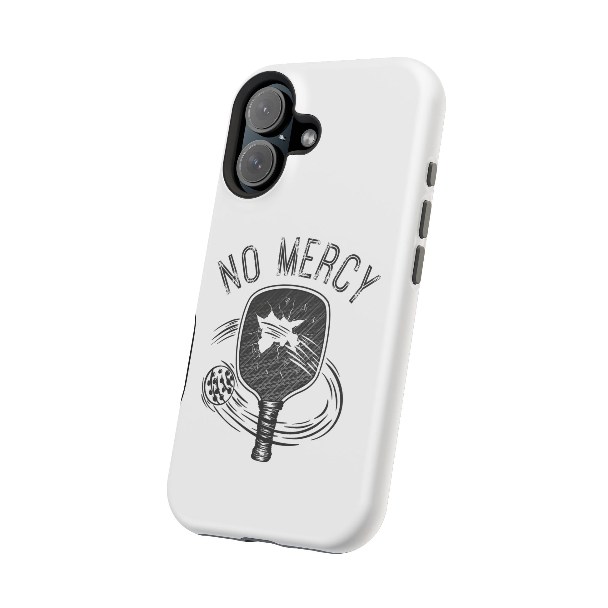 close up of "No Mercy" Pickleball Series - MagSafe Tough Dual-Layer Phone Case for Apple iPhone 14 pro max (White)