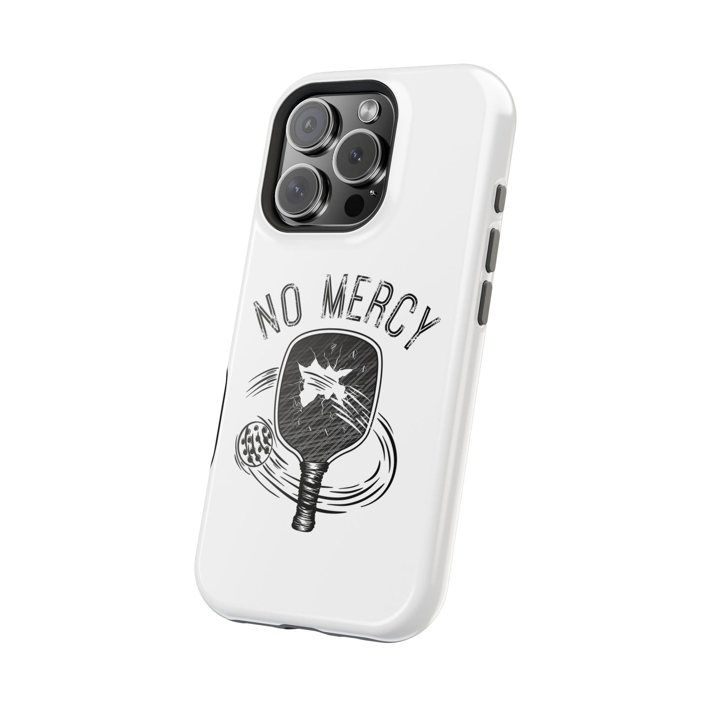 back angle of "No Mercy" Pickleball Series - MagSafe Tough Dual-Layer Phone Case for Apple iPhone 13 pro (White)