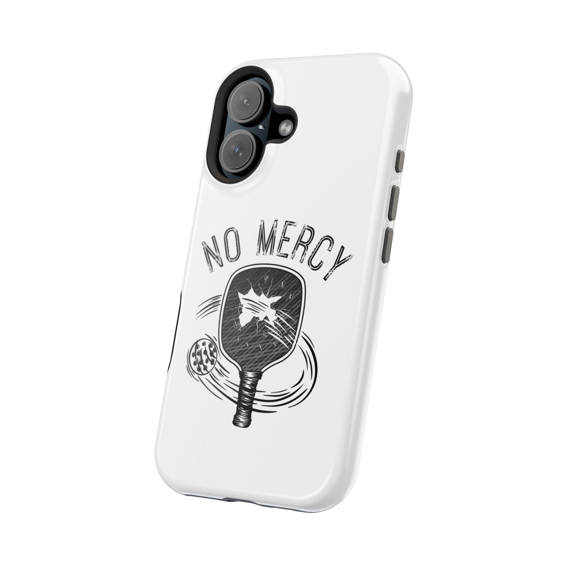 back angle of "No Mercy" Pickleball Series - MagSafe Tough Dual-Layer Phone Case for Apple iPhone 16 pro (White)