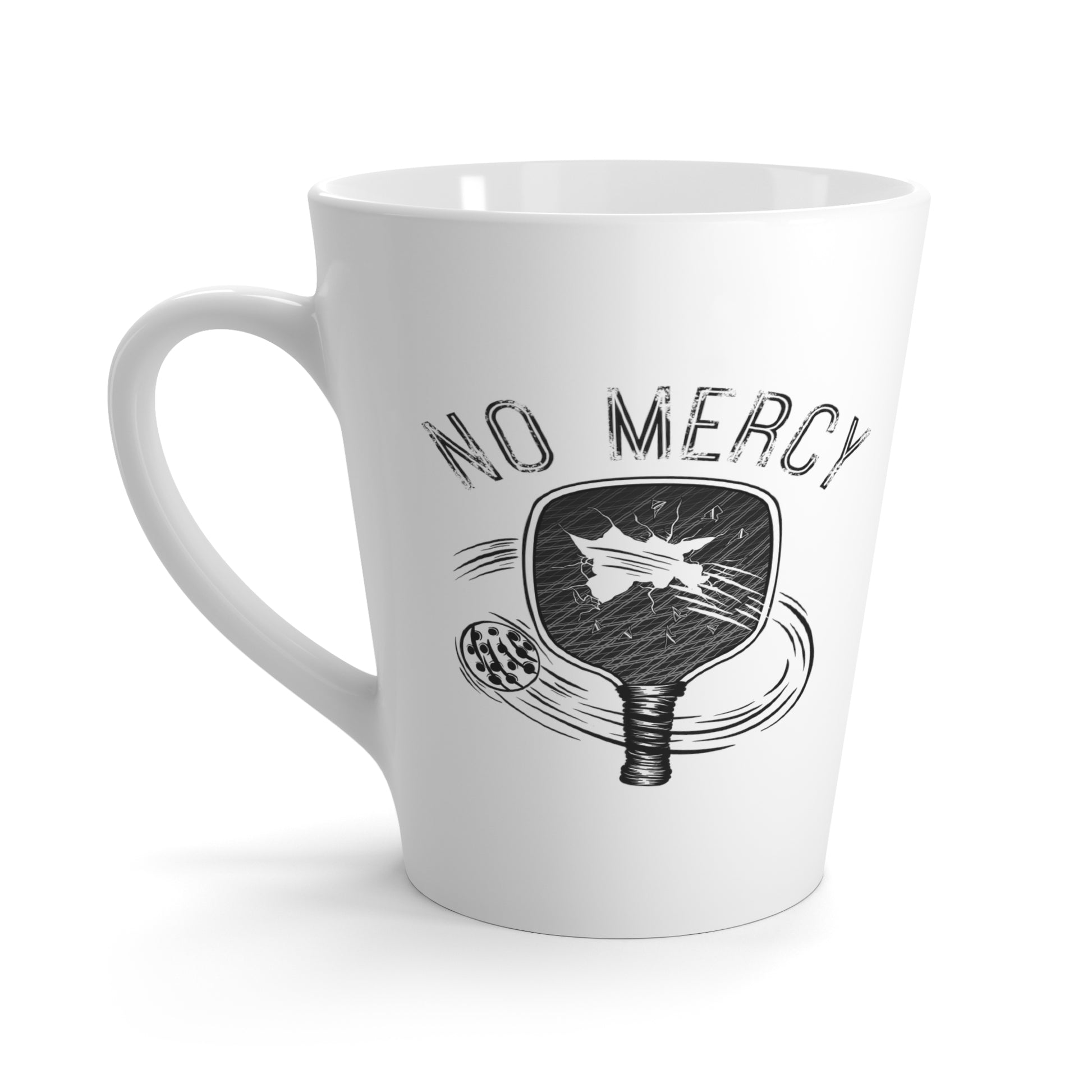 the left side of No Mercy Pickleball Series - Latte Mug (white)
