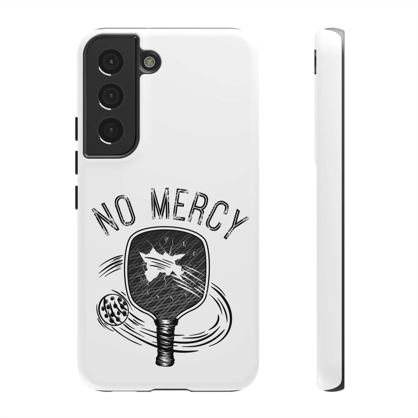 "No Mercy Pickleball Phone Case for Samsung Galaxy showcasing dual-layer protection with paddle design"