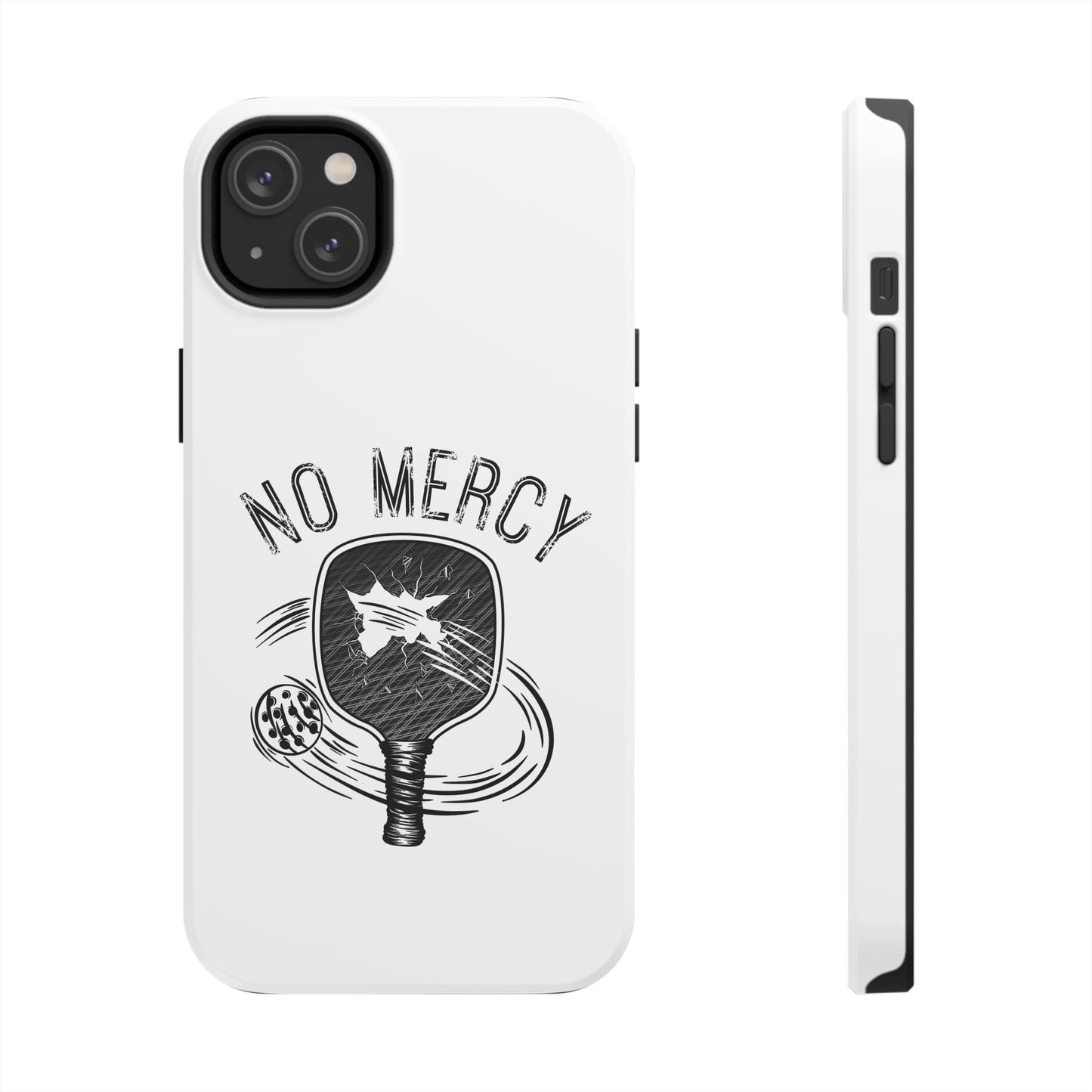 back and left side of "No Mercy" Pickleball Series - Tough Dual-Layer Phone Case for Apple iPhone 13 mini (White)