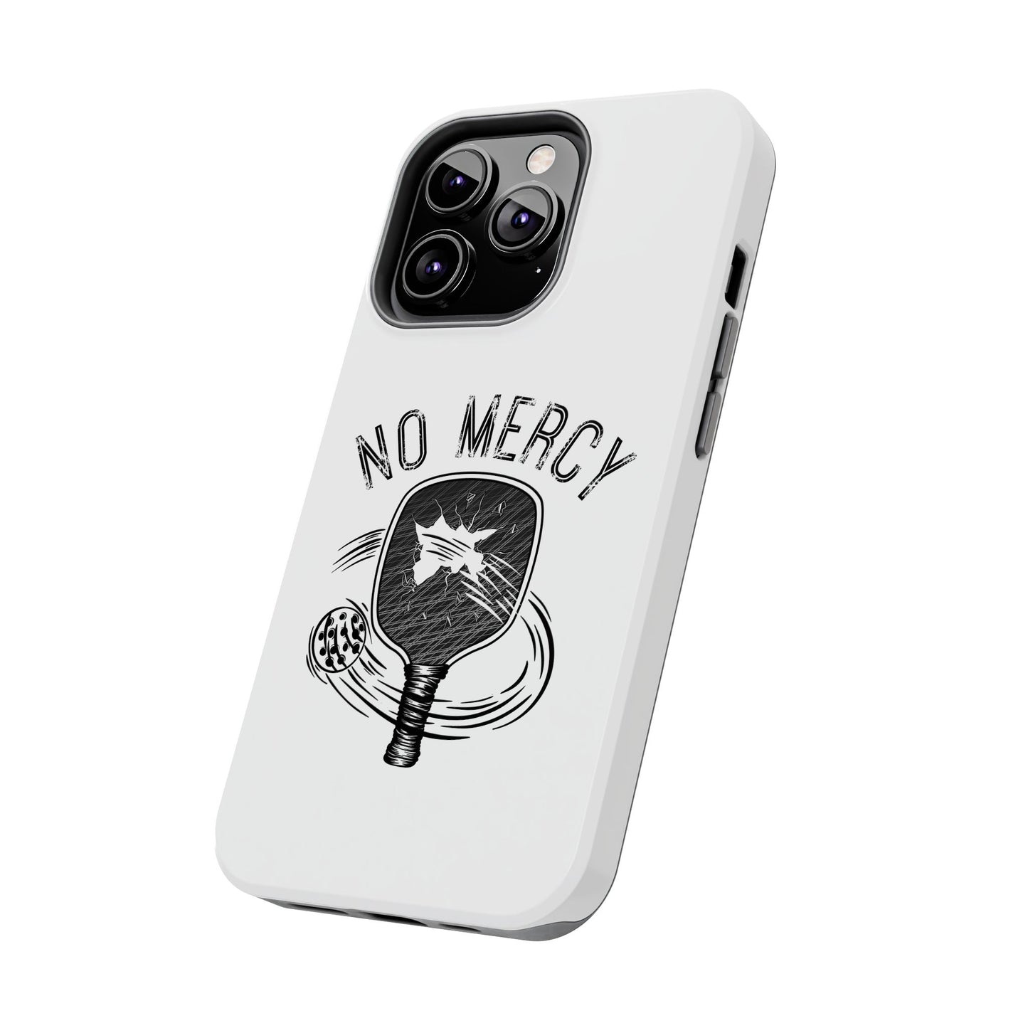 back angle of "No Mercy" Pickleball Series - Tough Dual-Layer Phone Case for Apple iPhone 14 (White)