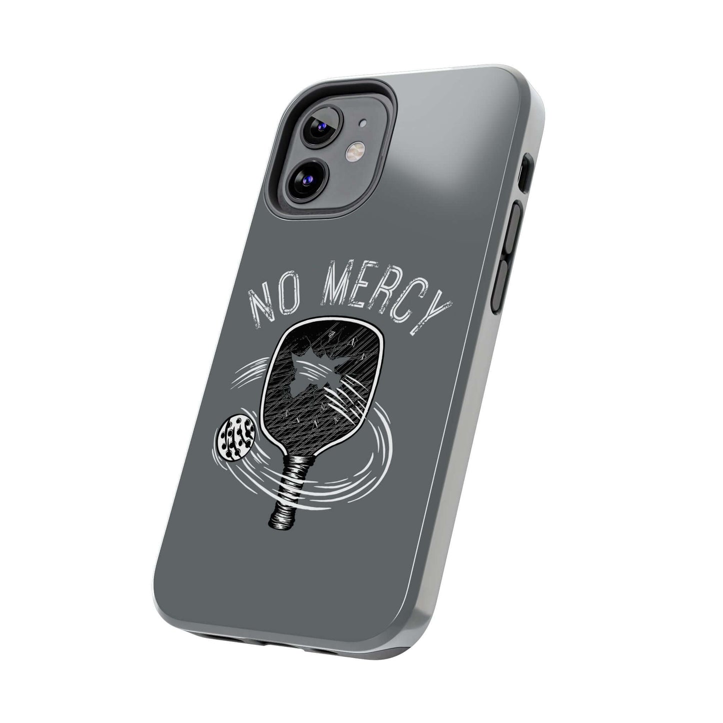 Turquoise glossy No Mercy Pickleball Series dual-layer phone case for Apple iPhone featuring a pickleball paddle design.