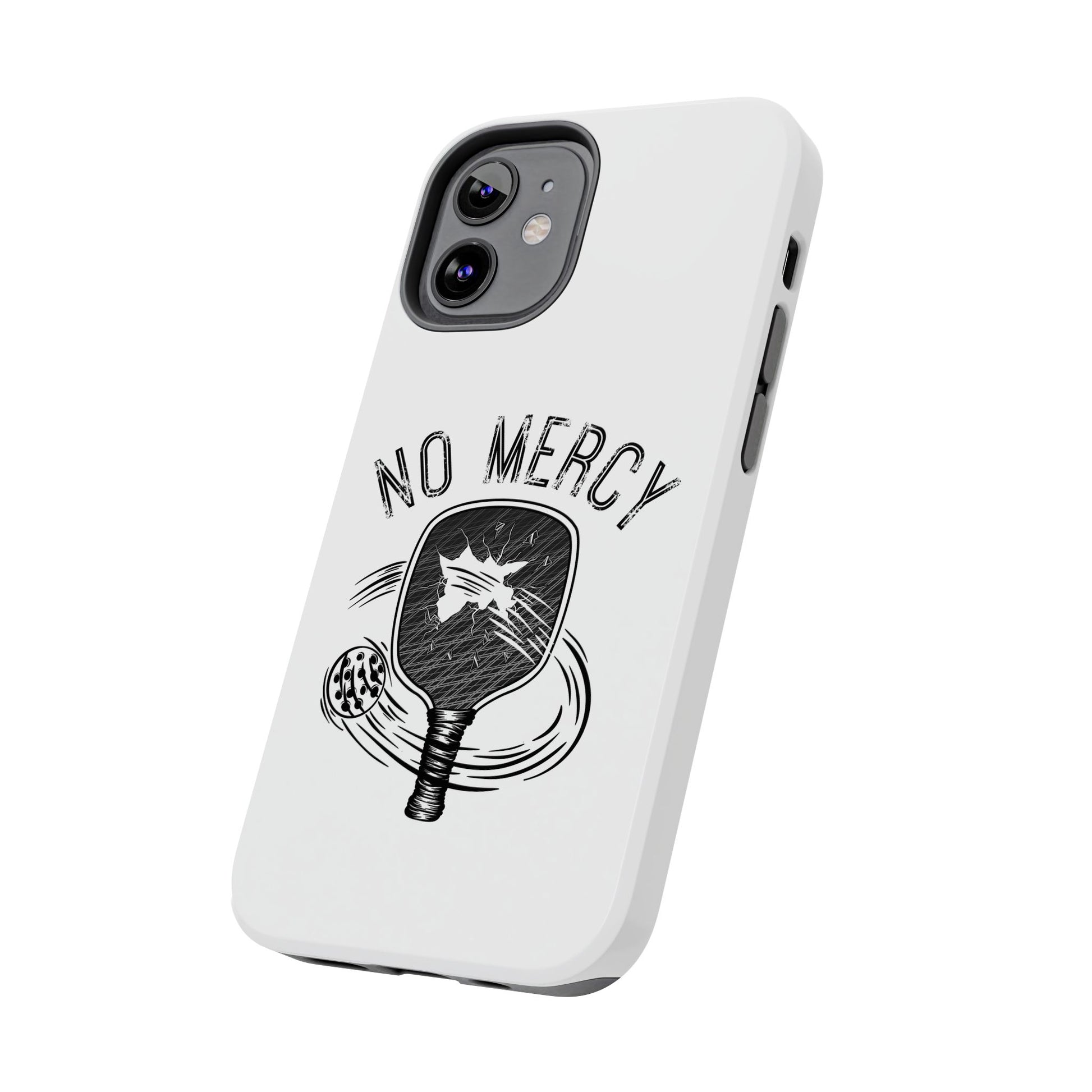 back angle side of "No Mercy" Pickleball Series - Tough Dual-Layer Phone Case for Apple iPhone 16 Plus (White)