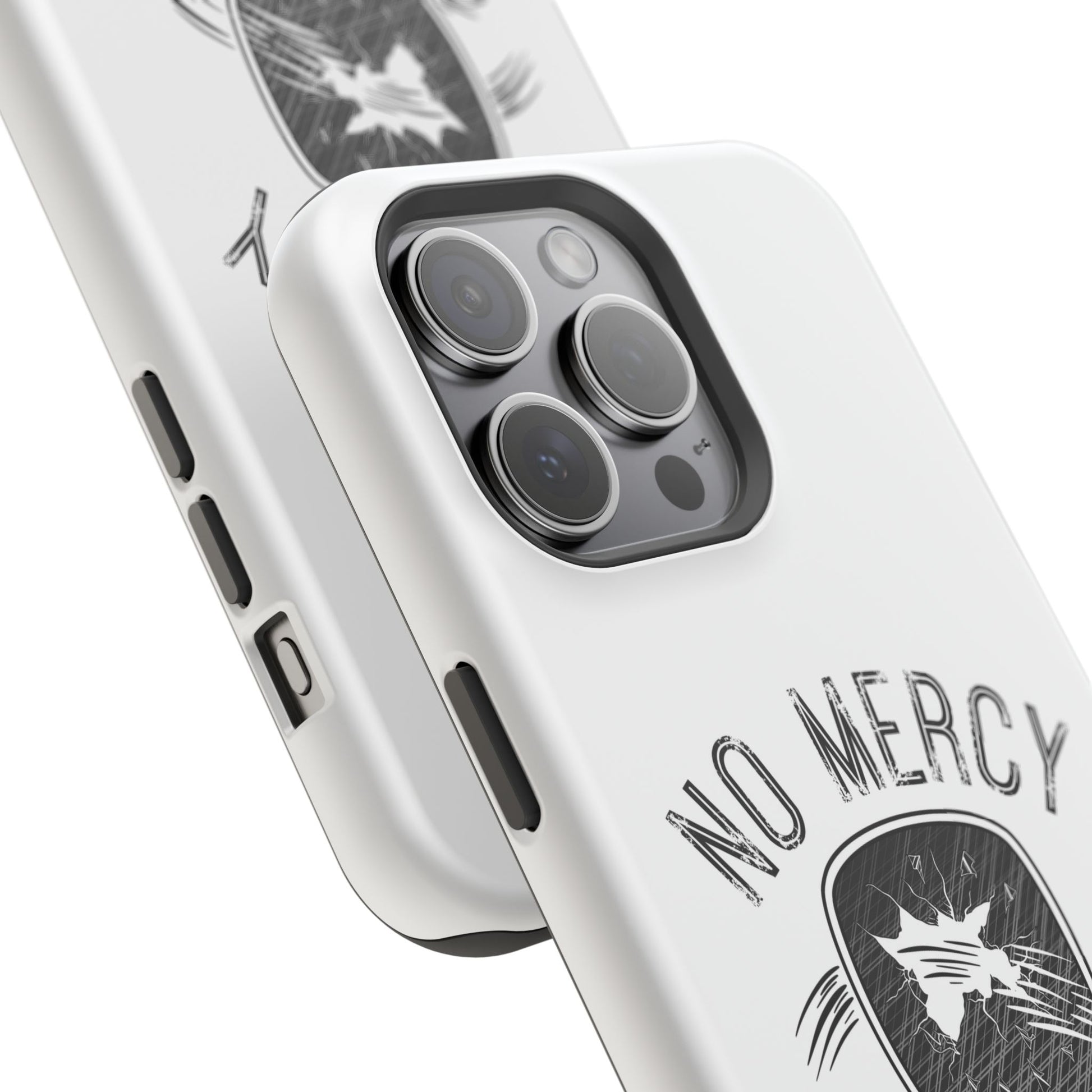 close up of "No Mercy" Pickleball Series - MagSafe Tough Dual-Layer Phone Case for Apple iPhone 14 (White)